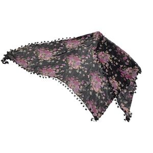 Sheer Floral Scarf Black Pink Purple Beaded Tassel Trim Scarf Women's Accessory‎